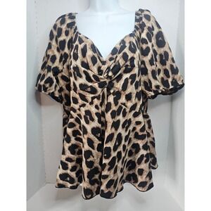 SHEIN CURVE Leopard Print Twist Front Square Neck Peplum Top 2XL Smock Back NWOT